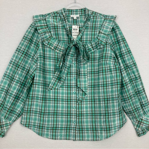 Charter Club Tops - New Charter Club Green Plaid Ruffle Tie Front Cottagecore Blouse XXL